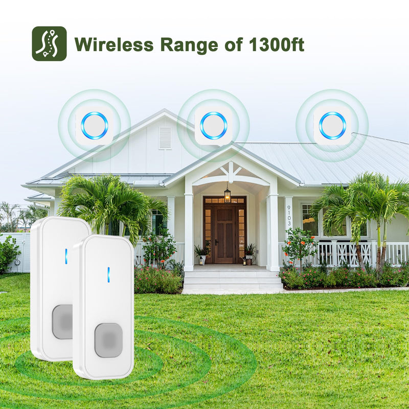 SURFOU Wireless Doorbell 1300FT Range for Home/House/Office/Business/Classroom, 55 Melodies Waterproof Door Chime Kit with 5 Volume Levels & LED Flash, 2 Push Buttons & 3 Plug-in Receivers, White 2 Buttons+3 Receivers-White