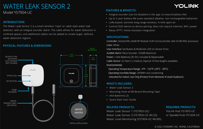 YoLink Water Leak Sensor 2,1/4 Mile World's Longest Range Smart Home Water Leak Sensor,Water Leak Detector with Built-in Siren Up to 105dB,Works with Alexa and IFTTT-YoLink Hub Required,YS7904-UC Without Hub