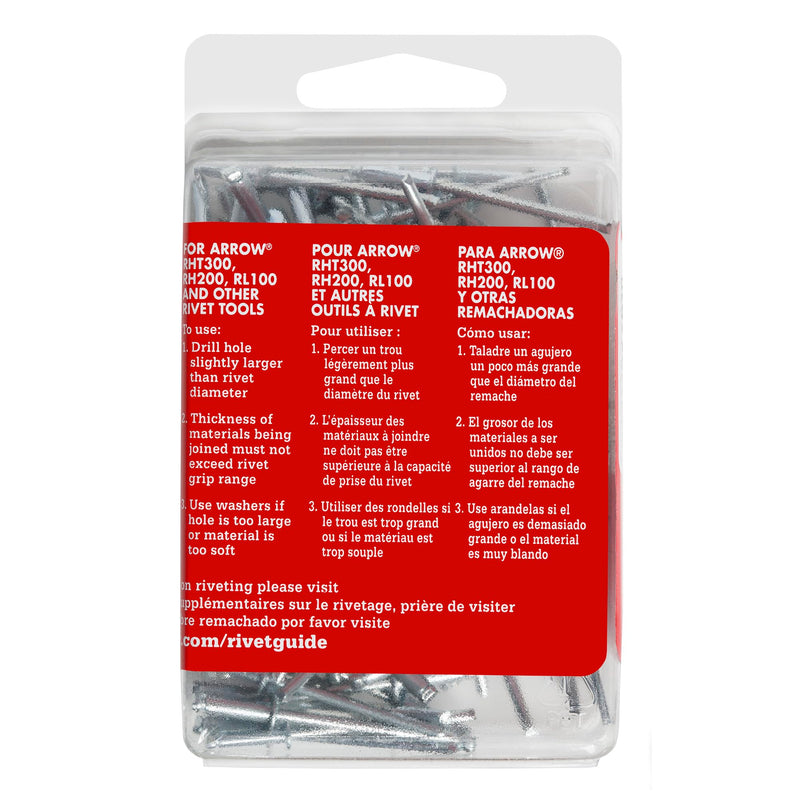 Arrow RMS1/8IP Medium Steel 1/8-Inch Pop Rivets for Metal, Fabric, Leather, and Auto Repair, 100-Pack