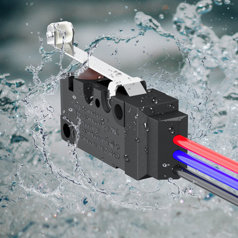 Joinfworld Waterproof Micro Limit Switch with Long Straight Hinge Lever SPDT 3 PIN Pre-Wired 10A 125 250V Micorswitch for Arduino, Appliance and Electronic - 2Sets WS2-Roller Lever