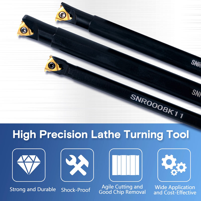 Lathe Turning-Tools Threading Holder - Metal Lathe Cutting Tools 3pcs Internal Turning Holders Boring Bars SNR0008K11+SNR0010K11+SNR0012M11 with 3pcs Indexable Carbide Inserts for Lathe Tools