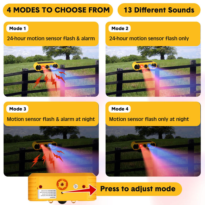 Qualirey Solar Outdoor Motion Sensor Alarm 2 x 129db Loud Noise Maker 13 Sound Detector Strobe Light, 4 Modes Animal Deterrent Dog Barking Alarm Mount on Ground or Fence for Garden Yard(4 Pack)