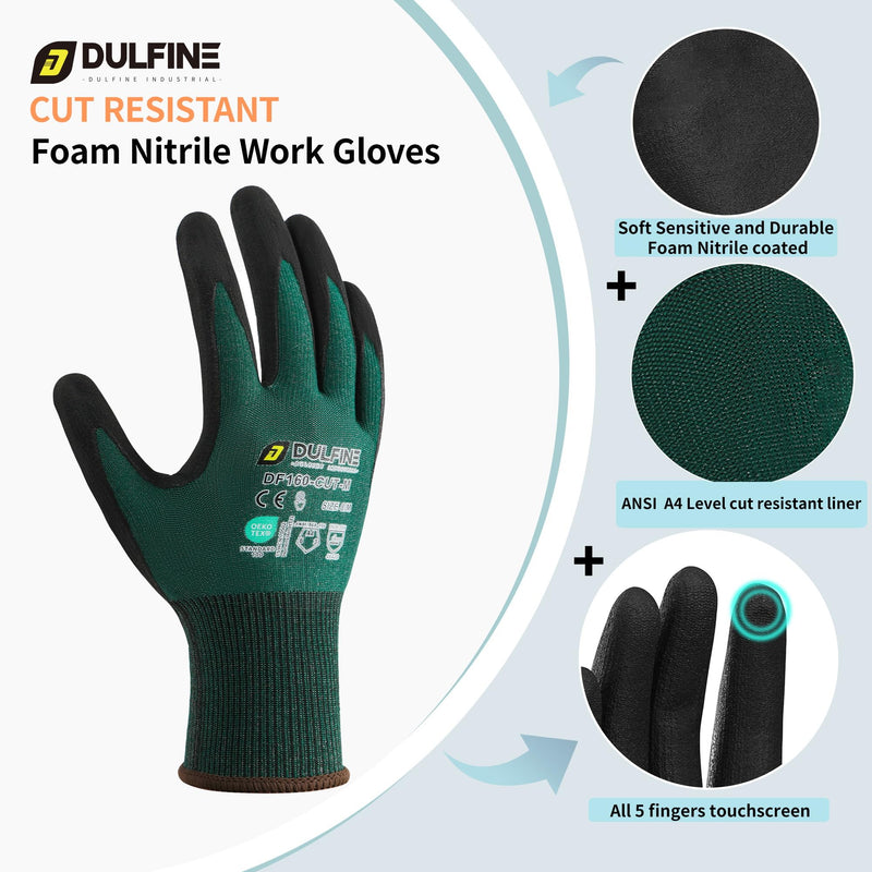 DULFINE ANSI A4 Cut Resistant Work Gloves for Men,6 Pairs Pack.Touchscreen Micro Nitrile Coated,Anti-Slip & Durable for Construction, Wood Cutting,Glass Factory Industrial Use(Small) Small（Pack of 6）