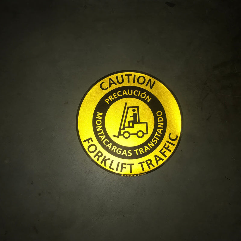 TRADESAFE Bilingual Caution Forklift Traffic Anti-Slip Floor Sticker - Precaución Montacargas Transitando Caution Sign, Peel and Stick Adhesive Vinyl Sign, ANSI-Compliant, 17” Diameter Round Sticker - NewNest Australia