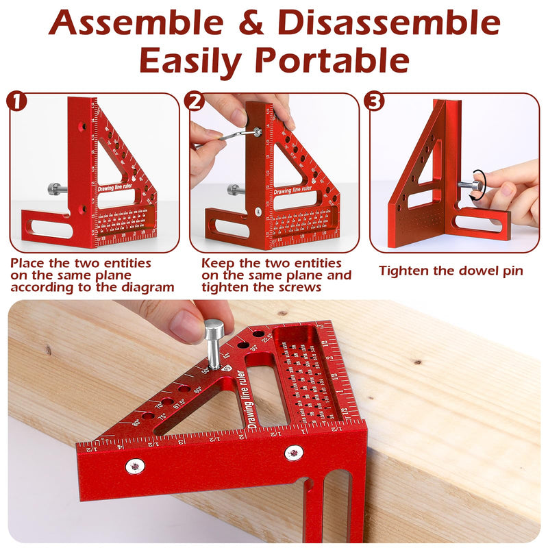 3D Multi-Angle Measuring Ruler -Precision Woodworking 3D Square Protractor 22.5-90 Degree and Miter Triangle Ruler - Aluminum Alloy Drawing Line Ruler for Engineer Carpenter and Craftsmen Red…