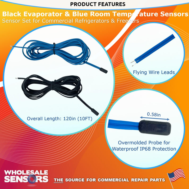 Replacement Temperature Probe Sensor Set for Commercial Refrigeration | 36-Month Warranty, Black Evaporator Sensor, Blue Room Sensor, Fits Commercial Refrigerators & Freezers