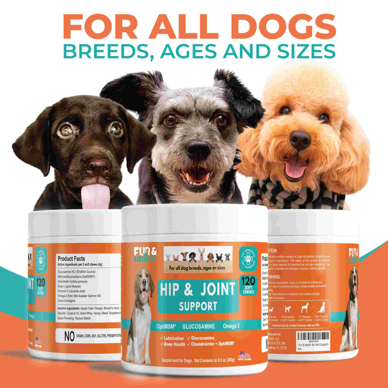 Fur & Health Advanced Glucosamine Chondroitin for Dogs - Hip Joint Pain Relief Soft Chew - Old Dog Joint Supplement Large & Small Breed - Hip Joint Chews Mobility Support - PawsPlanet Australia
