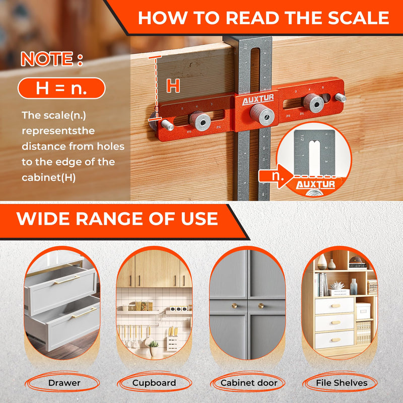 Cabinet Hardware Jig, Adjustable Cabinet Handle Template Tool with Alignment Hole, Punch Locator Drill Guide for Knobs,Handles and Pulls, Cabinet Template Tool for Drawer Cabinet Installation
