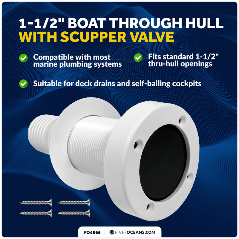 Five Oceans Boat Through Hull with Scupper Valve - Self-Bailing Deck Drain for Pontoon & Boats