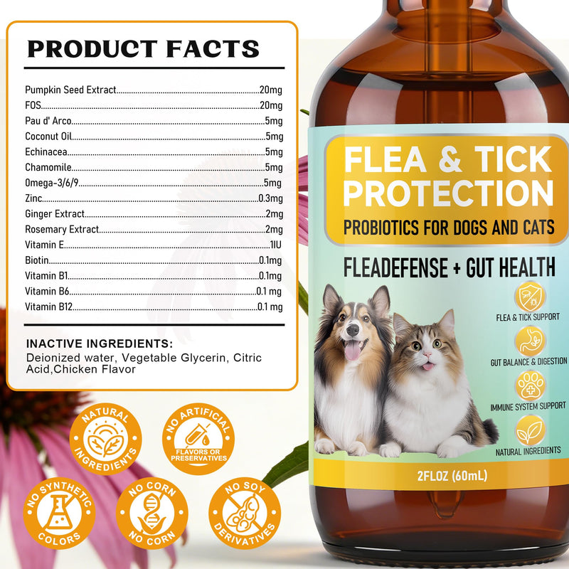 4-in-1 Natural Herbal Supplement Drops for Dogs & Cats, Chicken Flavor - Oral Flea & Tick Support with Multivitamins & Herbs for Immune, Skin & Coat Health - All Breeds