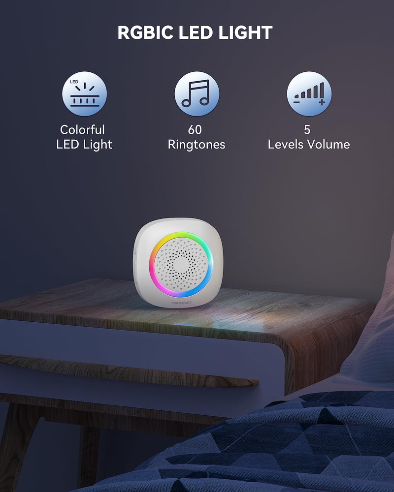 TECKNET Wireless Doorbell, Portable Doorbell with RGB Light, Battery Powered IP66 Waterproof Cordless Door Chime Kit, 1300 ft Wireless Range, 60 Chimes & 5 Level Volume, Using Time up to 4.5 Years 1 push button 1 portable receiver White