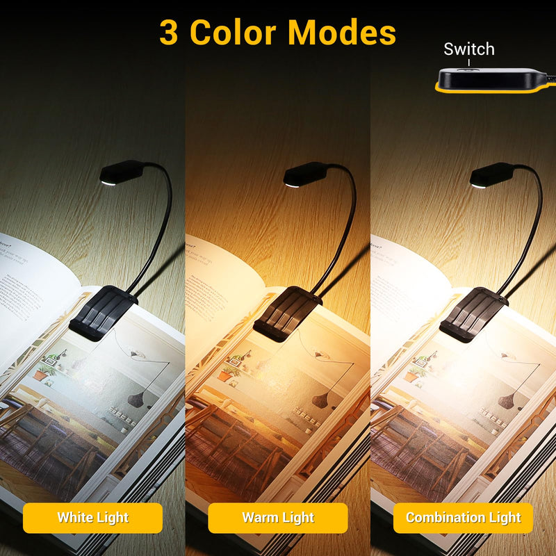 Book Light 2 Pack, Rechargeable Reading Lights for Books in Bed-Eye Caring 3 Colors, Stepless Dimming, 360° Flexible Studying Small Desk Lamp, Lightweight Clip-on LED Night Light for Book Lovers, Kids Black