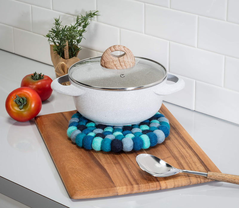 Abbott Collection Felt Ball Trivet - Blue | Heat-Resistant Wool, Handmade in Nepal by Female Artisans, Fair Trade Certified, Wool, 8"D Blu Felt Ball Trivet-8"D