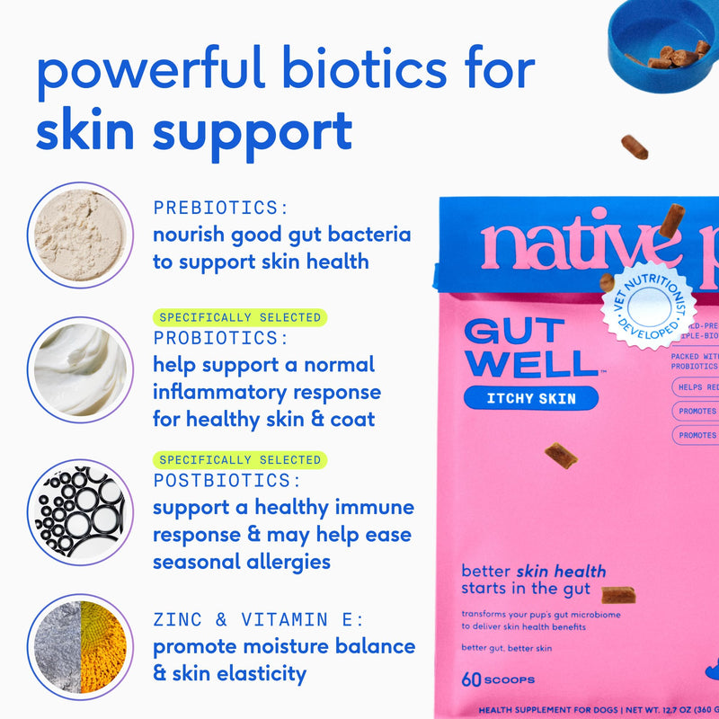 Native Pet Skin & Wellness Trio: 60 Scoops GutWell Itchy Skin - Dog Itching Skin Relief & Seasonal Allergy, 30 Scoops 11-in-1 Vitamins & Supplements & 8 Oz Omega 3 Fish Oil for Dogs & Cats