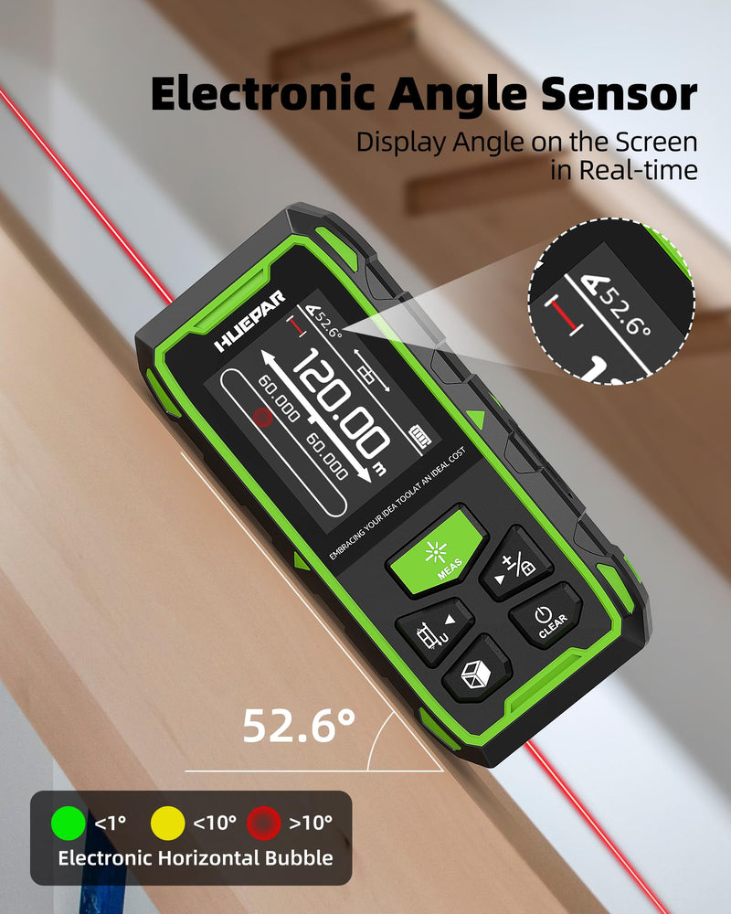 Huepar Professional Dual Laser Measuring Tool 393ft, Rechargeable Bilateral Laser Measurement Tool Backlit LCD, Digital Laser Distance Measure 6 Units, Multi Mode Length/Area/Volume/Angle Sensor