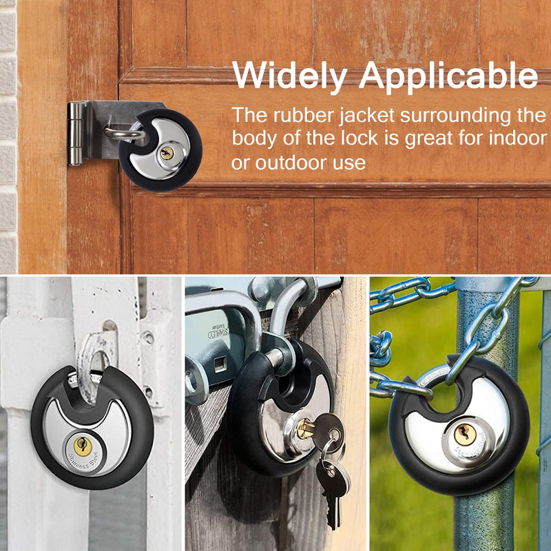 DAYGOS Outdoor Padlock for Storage Unit, Waterproof Stainless Steel Disc Lock with Rubber Bumper for Sheds,Gate and Fence, Heavy Duty Discus Keyed Pad Lock (3/8-Inch Shackle) 1 Pack round disc padlock black and silver