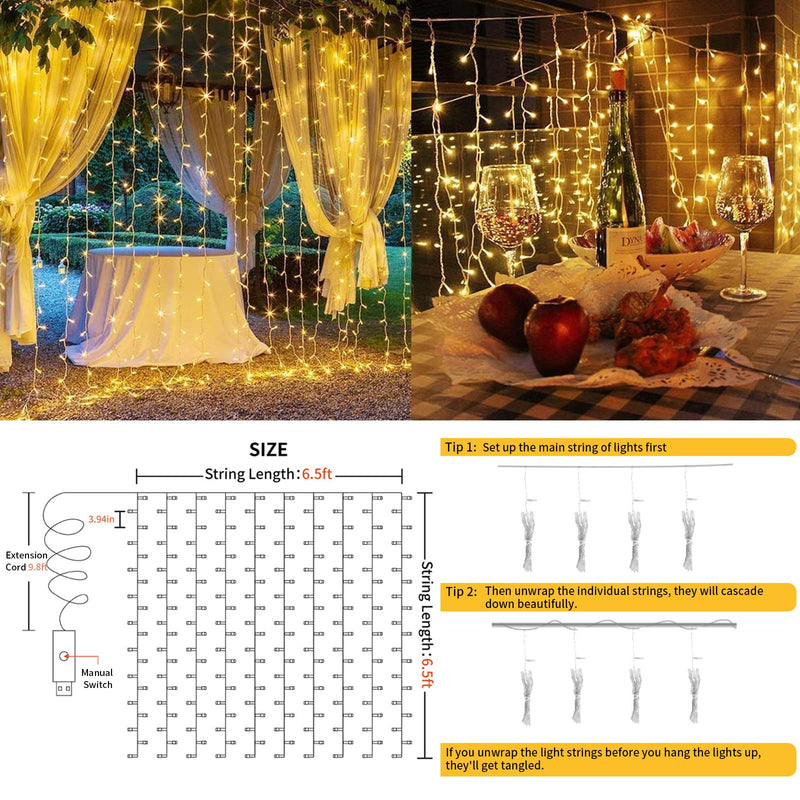 suddus Curtain Lights for Bedroom, 200 Led Hanging String Lights Outdoor, Fairy Curtain Lights Indoor for Christmas, Dorm, Wall, Backdrop, Window, Wedding, Party, Brithday Decor, Warm White USB-200 LED