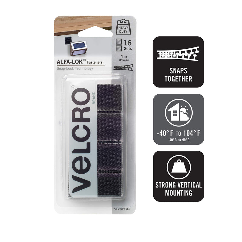 VELCRO Brand Extreme Lock Mounting Squares with Adhesive | 16 Sets, 1-Inch | Attach Electronics, Lighting or Signage Outdoors | Built to Withstand Harsh Temperatures and Weather | Black 1 inch Squares, 16Pk