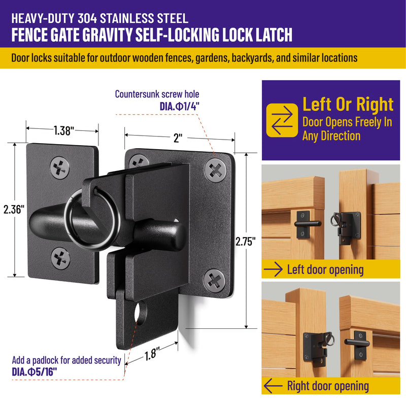 Hulave 304 Stainless Steel Fence Gate Latch, Self-Locking Gravity Gate Latch, Heavy Duty Privacy Gate Latch for Wooden Fence, Metal Gate & Vinyl Fence Gate Hardware (Black) Black