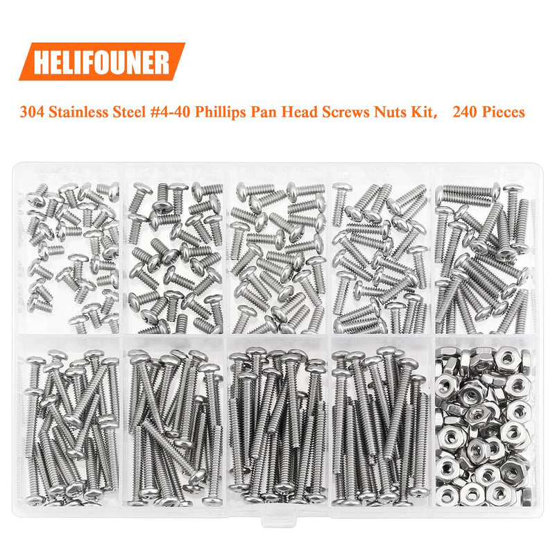 240 Pieces #4-40 Phillips Pan Head Machine Screws Nuts Assortment Kit, Coarse Thread, Fully Machine Threaded, 304 Stainless Steel