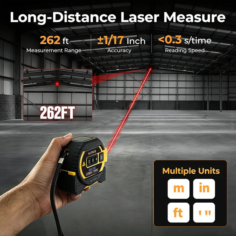 Voice Intelligent Tools Tape Measure 3-in-1 Laser Digital Measuring Tape Ruler-LCD Backlight 5M/16Ft Tape & Laser 80m/262Ft Rangefinder,Crosshairs Markings,Data Storage (Yellow, 80m/262ft) Yellow