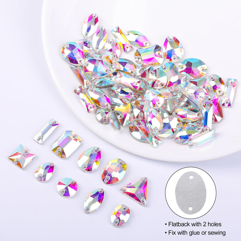 SWTHONY 122pcs AB Sew on Rhinestones for Crafting Mixed Shapes, Large Crystal Glass Gems Silver Plated Flatback Rhinestones Jewels for Crafts Clothes Fabric AB Coated