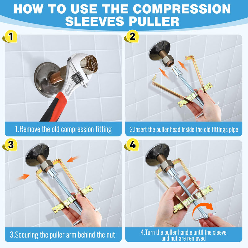 Enhon Faucet Handle Puller, Compression Sleeve Puller Tool with 1/2 Inch Compression Sleeve Removal Adapter, Adjustable Handle Sleeve Puller, Corroded & Frozen Supply Stops, Compression Ring Puller