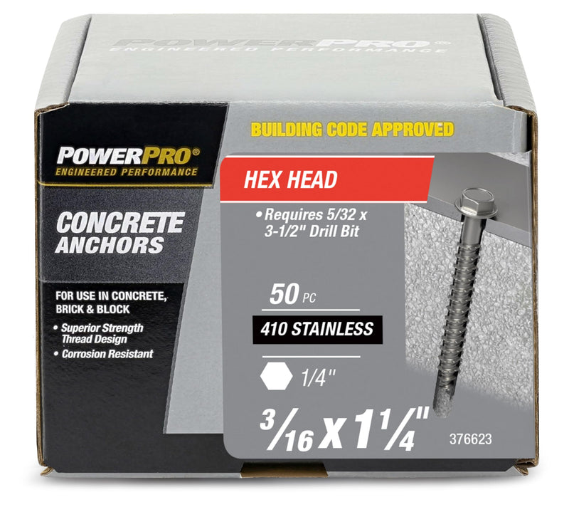 Power Pro Concrete Screw Anchors #410 Stainless Hex Washer (3/16" x 1-1/4") 50-Piece
