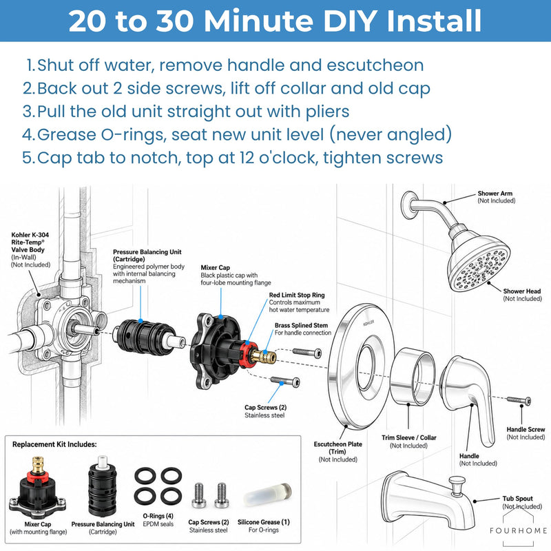 Replacement for Kohler GP876851 Mixer Cap and Pressure Balance Shower Kit