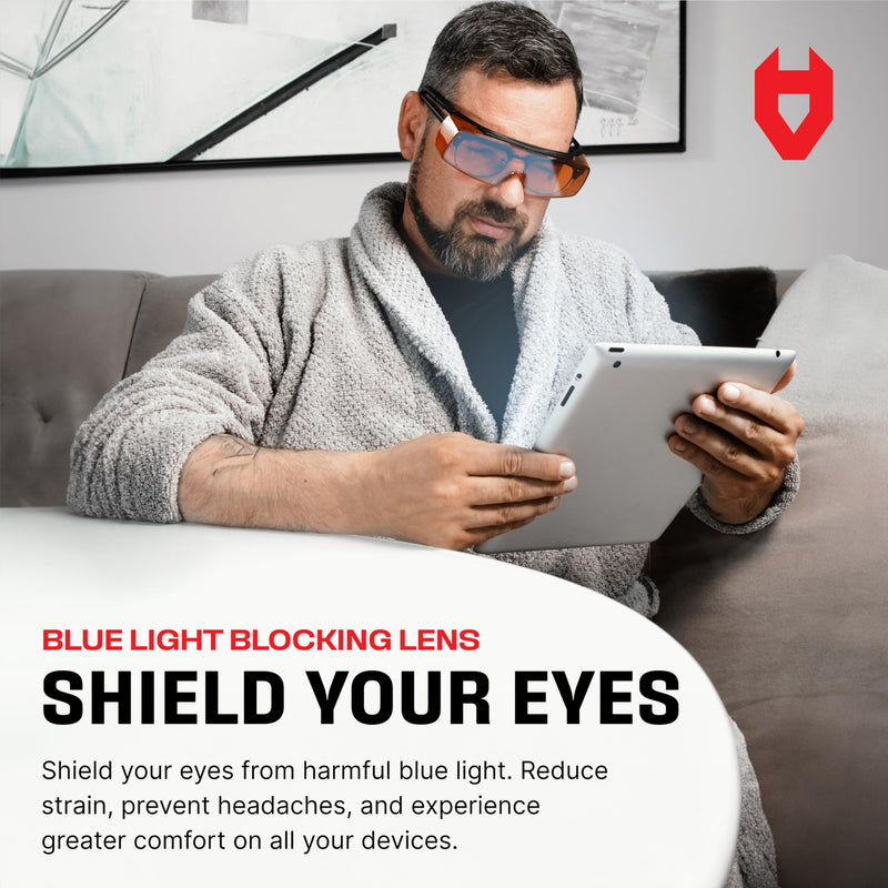 NoCry Blue Light Blocking Safety Glasses Over Eyeglasses with 100% UV Protection — UV Light Protection with Anti-Fog & Anti-Scratch Lenses; ANSI Z87.1 Certified — Adjustable Temples with Anti-Slip Tip Orange Lens (Anti-blue Light)