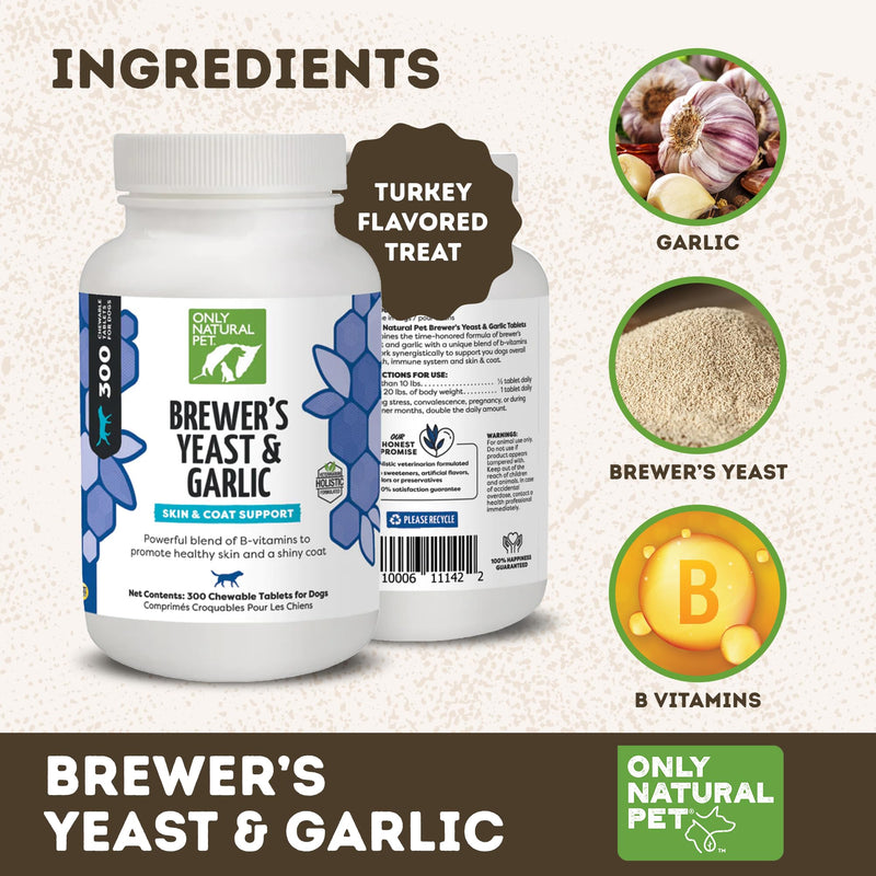 Only Natural Pet Brewer's Yeast & Garlic Chewables - All-Natural Flea & Tick Prevention for Dogs - Fortified with B Vitamins - Promotes Healthy Skin & Coat - 300 Count Tablet (Single) 1 Bottle