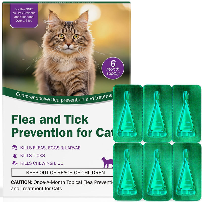 Cat Flea and Tick Prevention & Treatment - Flea and Tick Prevention for Cats, 6-Month Supply, Flea Control, Repellent, Suitable for Cats Over 1.5 lbs, Flea Supplements
