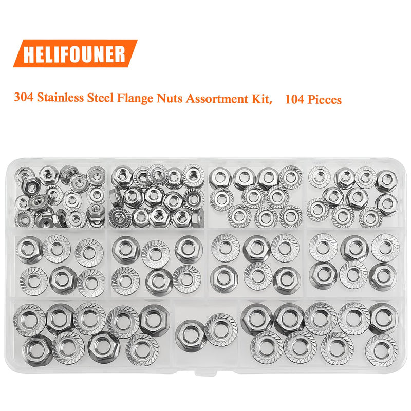 104 Pieces 5 Sizes Flange Nuts, Serrated Flange Hex Lock Nuts Assortment Kit, 304 Stainless Steel (#6-32#8-32#10-24 1/4"-20 5/16"-18) 104 Pieces 5 Sizes