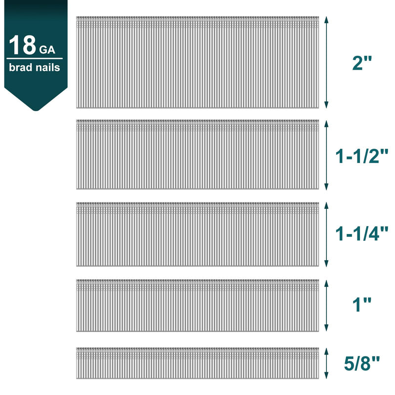 Toicann18 Gauge Galvanized Brad Nails(2",1-1/2",1-1/4",1",5/8") 18 GA Universal Nail Gun Nails for Pneumatic, Electric Brad Nailer (1000) 1000