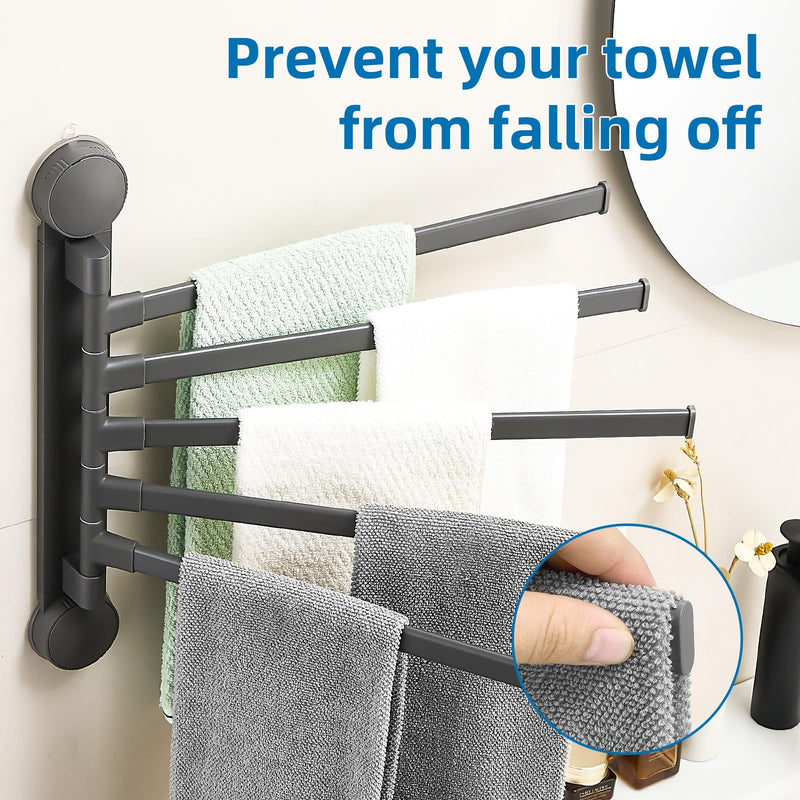 5-Arm Swivel Towel Bar, Zynuhmo Adjustable Suction Cup Bathroom Towel Rack Space Saving Wall Mounted Towel Holder for Laundry Kitchen Bedroom, Swing Out Towel Holder 16.54 Inch(2PSC, Gun-Gray) 2 Pack 5-Arm