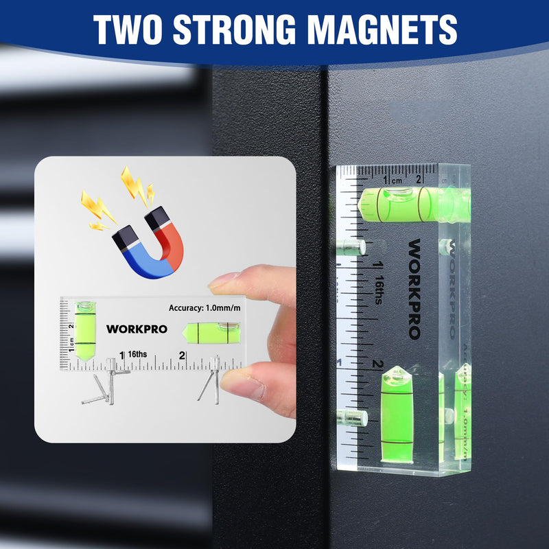 WORKPRO Small Level, 3 Inch Mini Level Tool, Magnetic Level with 2 Different Bubbles 90°/180°, Shatterproof Cross Check Bubble Level, Pocket Level for Picture Hanging Tool