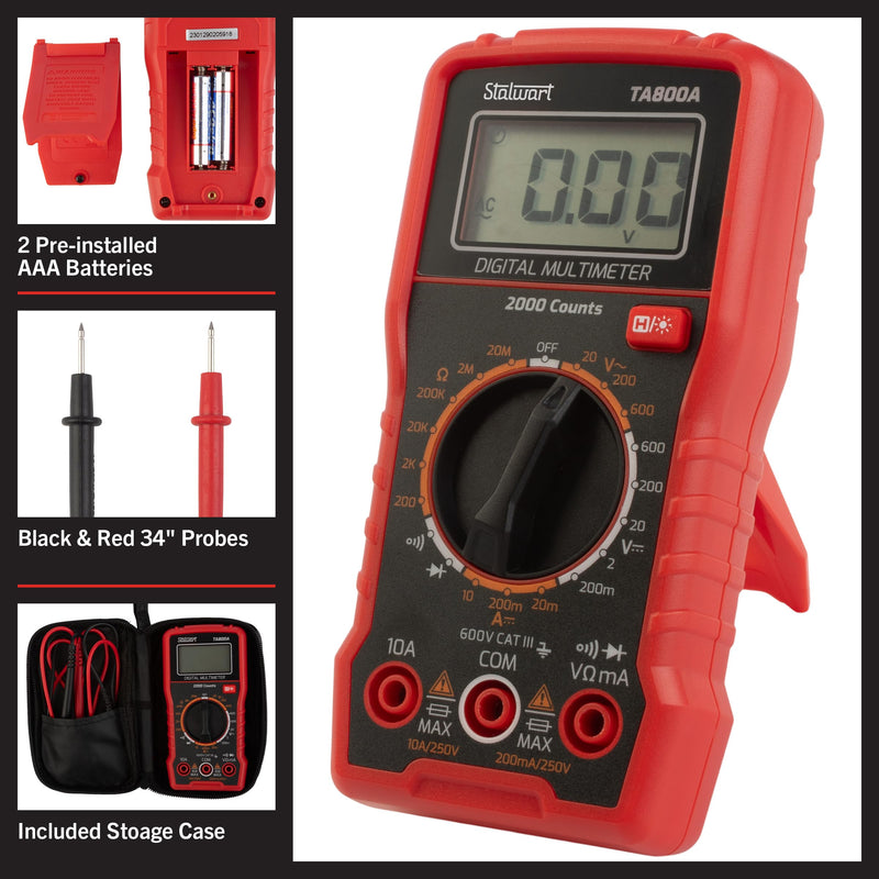 Multimeter Voltage Tester - Digital Volt Meter with Backlit Display and Needle Probes for AC/DC Voltage, DC Current, and Wire Continuity by Stalwart