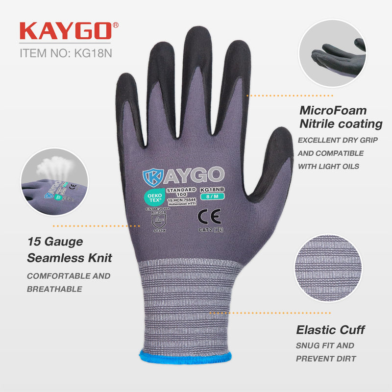 KAYGO Safety Work Gloves MicroFoam Nitrile Coated, 12 Pairs KG18NB,Seamless Knit Nylon Glove for Men and Women, Ideal for Automotive,Warehouse,Construction (Small,Gray) Gray Small (Pack of 12)