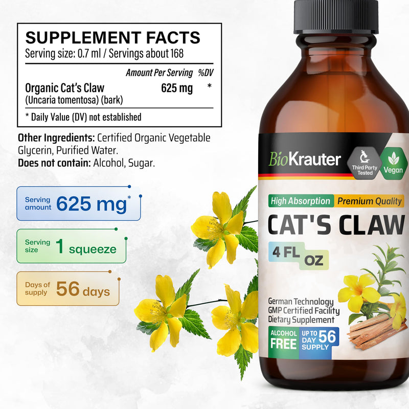 BIO KRAUTER Cats Claw Tincture - Liquid Cats Claw Herb for Immune Support - Alcohol & Sugar Free - Vegan Drops 4 Fl.Oz. 4 Fl Oz (Pack of 1) - PawsPlanet Australia