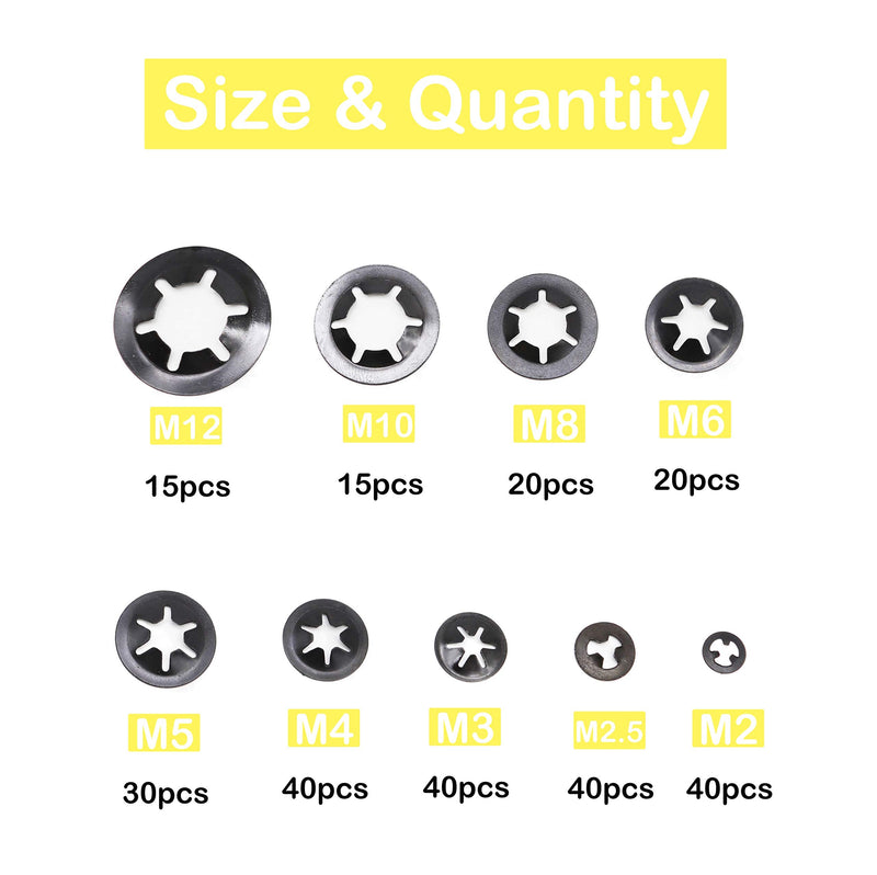 260pcs[9 Sizes] Black Starlock Internal Tooth Lock Washers Assortment Kit, M2/ M2.5/ M3/ M4/ M5/ M6/ M8/ M10/ M12