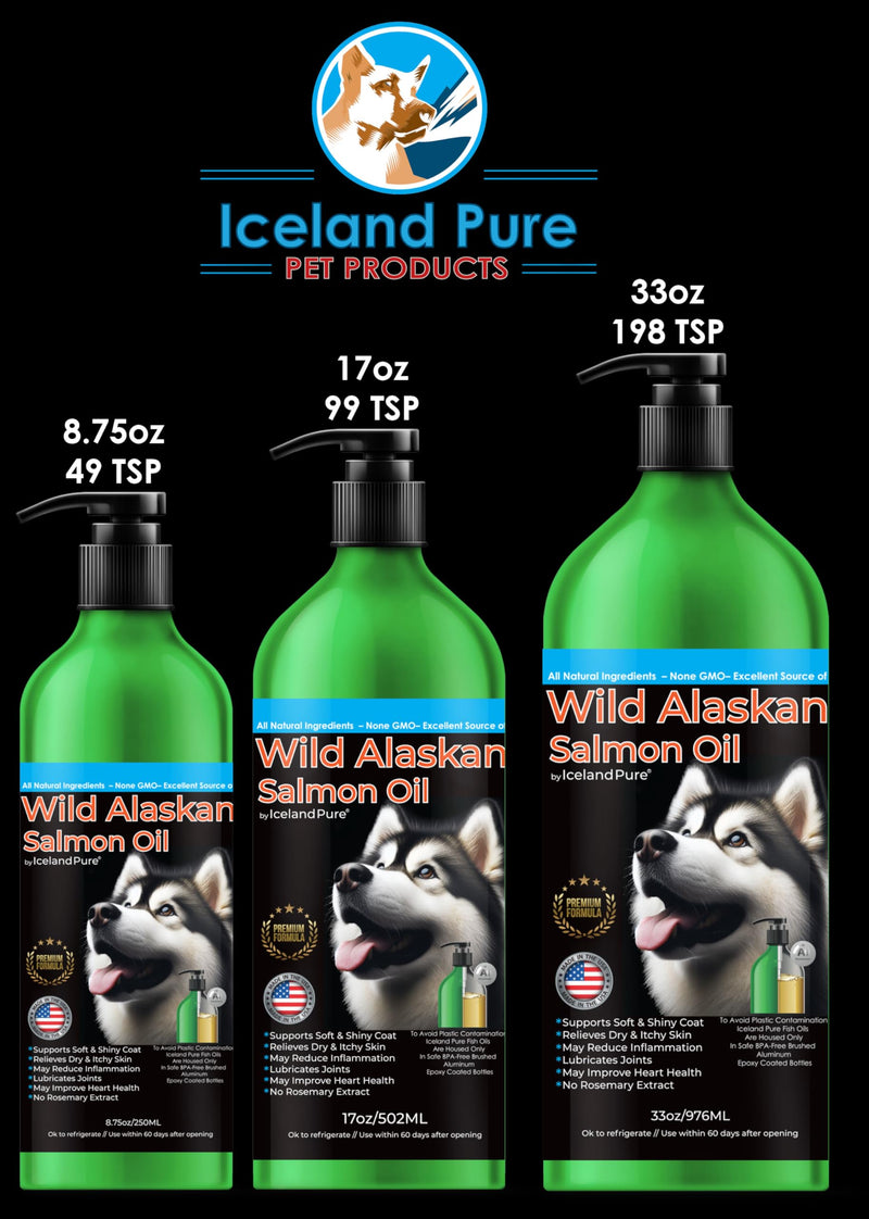 Wild Alaskan Salmon Oil for Dogs and Cats by Iceland Pure | 1,043 mg of Omega-3 per Teaspoon | Salmon Oil & Pollock Blend | BPA-Free Brushed Aluminum Epoxy Coated Bottle with Pump - 8.75 oz