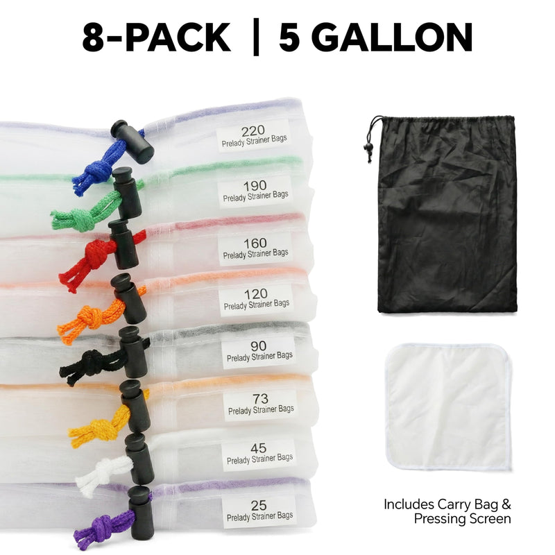 8-Pack 5 Gallon All Mesh Filter Bags set, 25-220μm Food-Grade Nylon Strainer Bags with Pressing Screen & Storage Bag, Reusable Waterproof for Brewing Hydroponics Coffee Honey Gardening