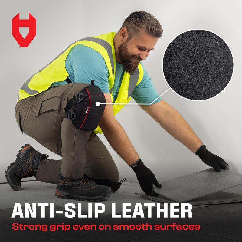 NoCry Flooring Knee Pads for Work with Extra-Wide Gel & Thick Foam Cushion — Work Knee Pads for Men with Reinforced Straps & Military Grade Rivets — Gel Knee Pads with Floor-Safe, Anti-Slip Leather Black Improved (with gel)