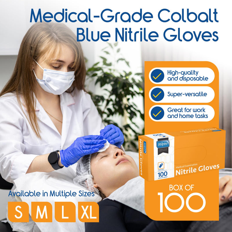 Inspire Nitrile Gloves | THE ORIGINAL Quality Stretch Nitrile Exam Cobalt Blue | Disposable Safety Gloves | 4.5 Gloves Medium Blue - Box of 100