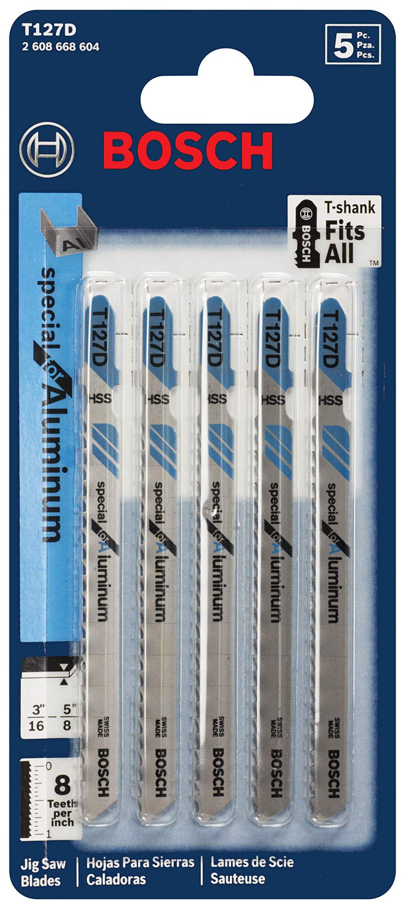 Bosch T127D 5-Piece 4 In. 8 TPI Special for Aluminum T-Shank Jig Saw Blades Aluminium 4'' 8 TPI - 5 pcs