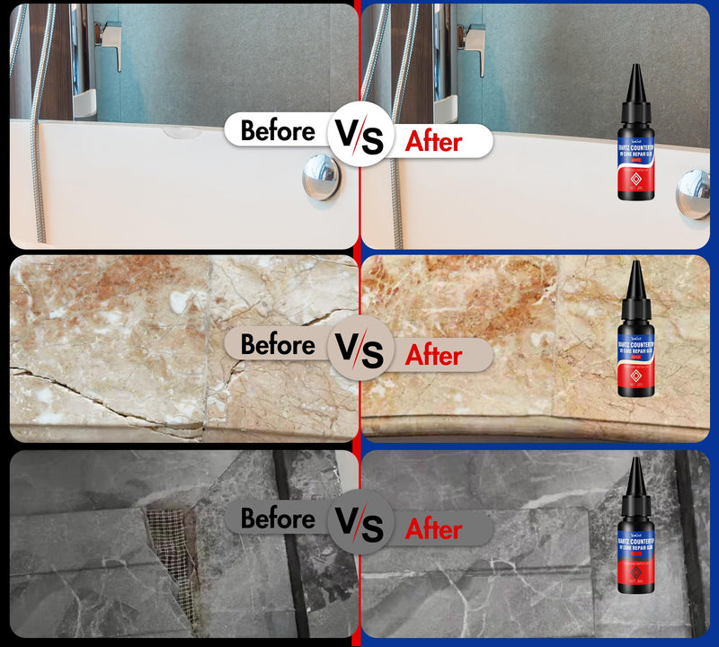 Quartz Countertop Repair Kit - 4×20g Repair Glue (Clear,White,Gray,Beige) - 30s UV Fast Curing with Gloss Varnish | DIY Fixes Chips,Cracks, Scratches on Marble,Granite, Acrylic, Porcelain, Fiberglass