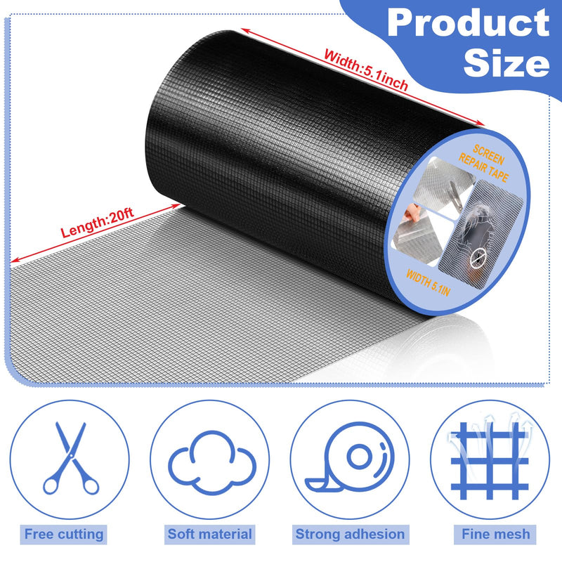 Extra Wide 5 in x 20 ft Window Screen Tape Mesh Repair Strong Adhesive Waterproof Fiberglass Screen Repair Kit Patch for Window Door Tears Holes(Black) Black