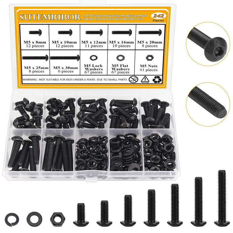 242 Pieces M5 Screws Nuts Washers Set Black, Sutemribor M5 x 8/10/12/16/20/25/30mm Button Head Socket Cap Screws Nuts Washers Assortment Kit, 10.9 Grade Alloy Steel, Fully Threaded M5 Screws Kit