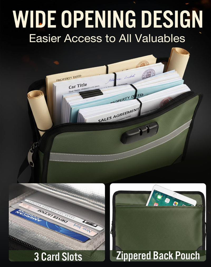 Fireproof Document Holder with Lock (1.6x13.8x9.9 In), Waterproof Money Bag with Zipper & Reflective Strip, Fire Safe Storage Pouch for Laptops Letter Size Certificates, Home Safe Accessories Big