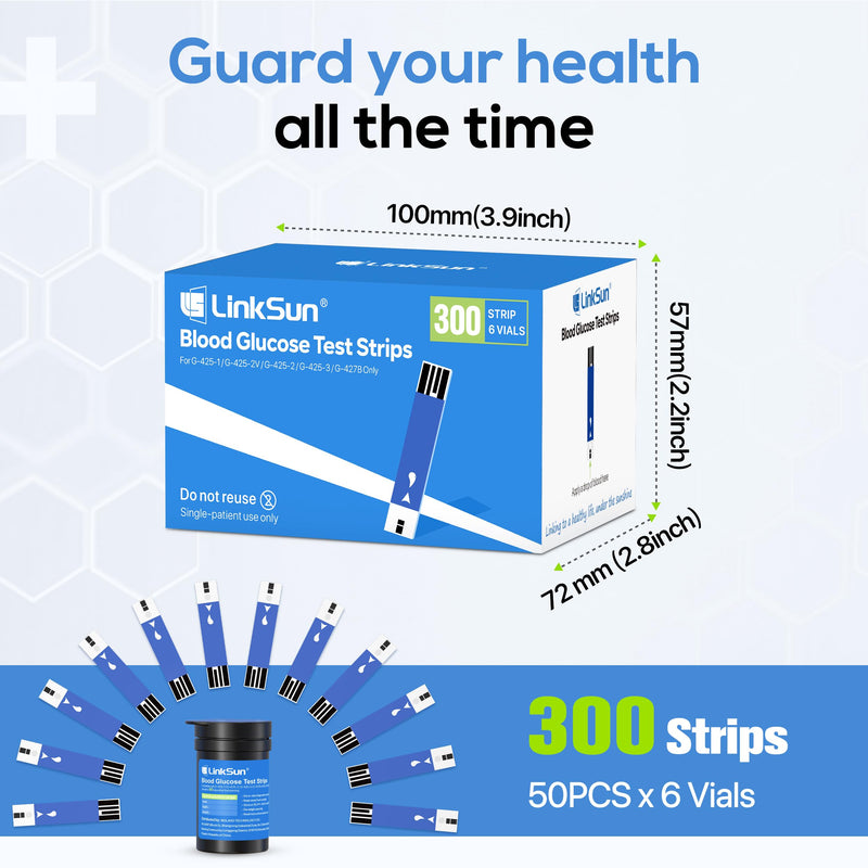 Diabetic Blood Test Strips*300, Used for G-425-1,G-425-2V, G-425-3, G-427B Blood Glucose Monitor Only, 0.7μl Blood Sample, Accurate Measurement, Results in 5 Seconds, 6 Bottles of 50 Pieces Each